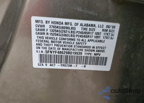 2009 Honda Pilot Exl из США, поврежденный, VIN 5FNYF48629B019939